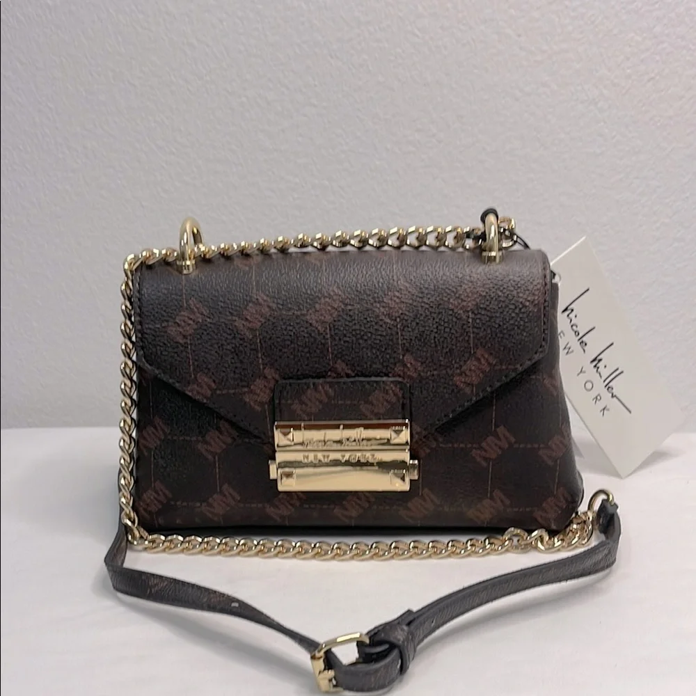 Nicole Miller Brown and Gold Crossbody Bag with Elegant Chain Strap NWT
